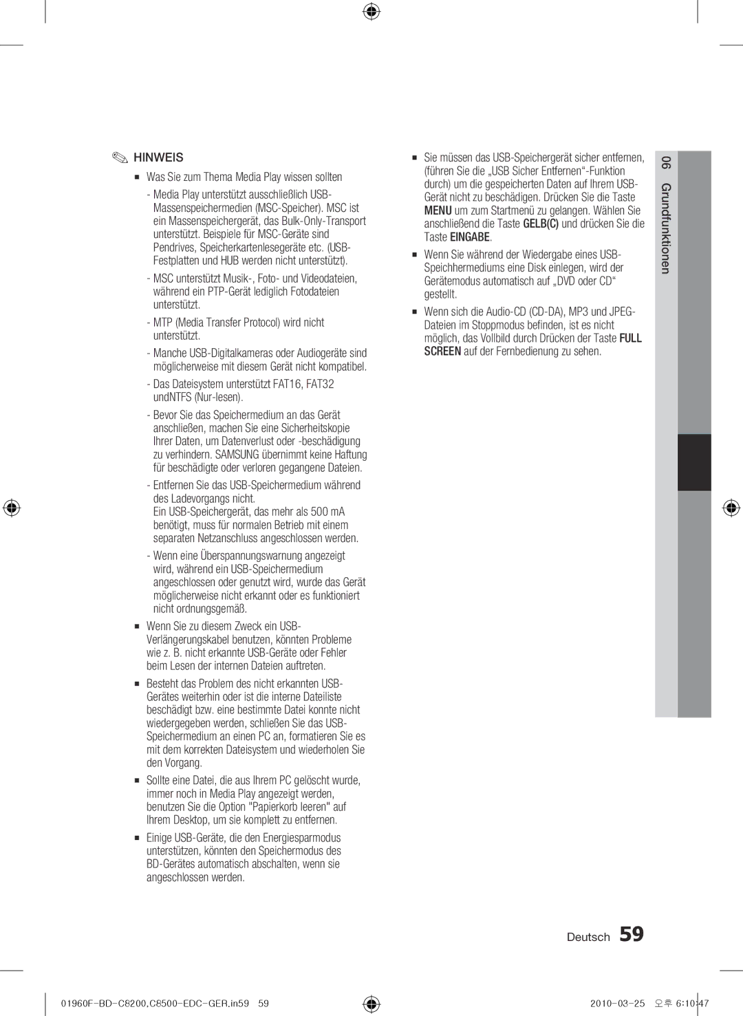 Samsung BD-C8500/XEF manual Was Sie zum Thema Media Play wissen sollten, MTP Media Transfer Protocol wird nicht unterstützt 