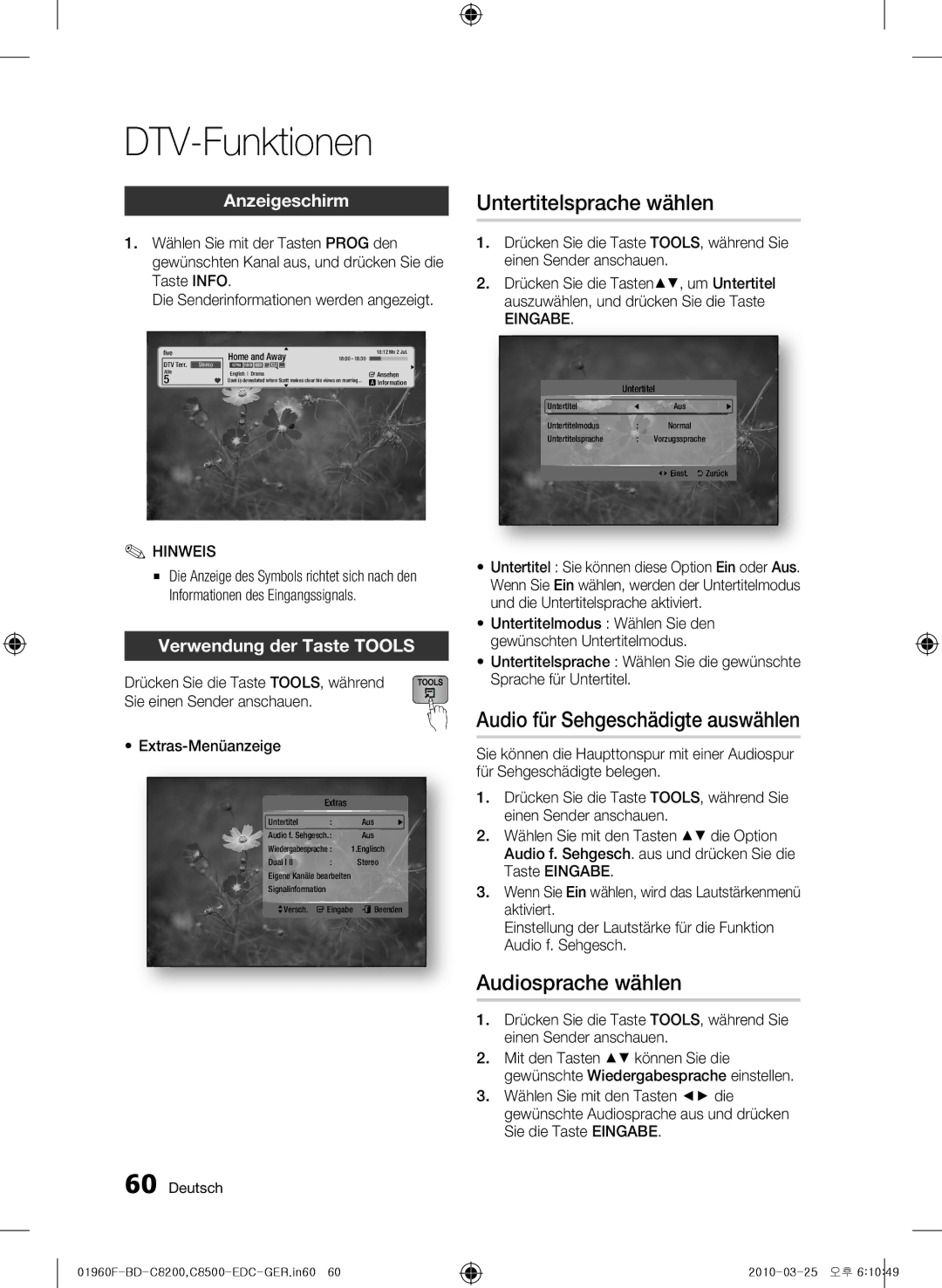 Samsung BD-C8200/EDC manual DTV-Funktionen, Audio für Sehgeschädigte auswählen, Anzeigeschirm, Verwendung der Taste Tools 