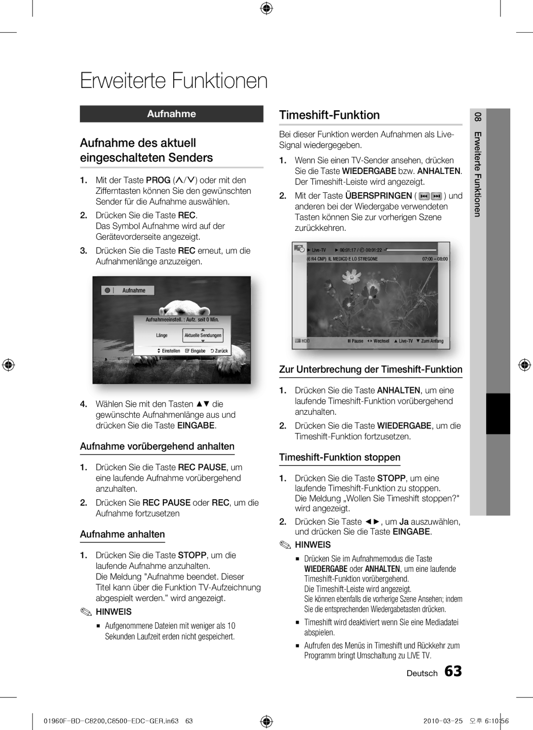 Samsung BD-C8500/XEN, BD-C8200/EDC, BD-C8500/EDC manual Aufnahme des aktuell eingeschalteten Senders, Timeshift-Funktion 