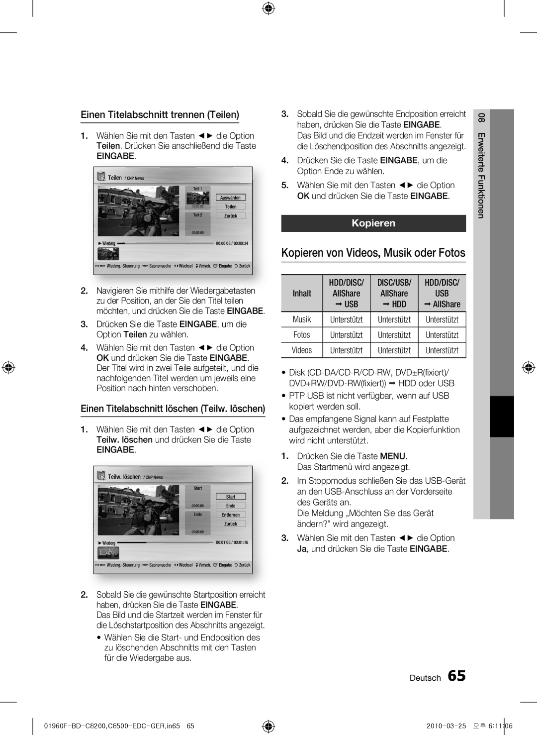 Samsung BD-C8500/XEF, BD-C8200/EDC, BD-C8500/EDC, BD-C8200/XEN manual Einen Titelabschnitt trennen Teilen, Kopieren, Usb Hdd 