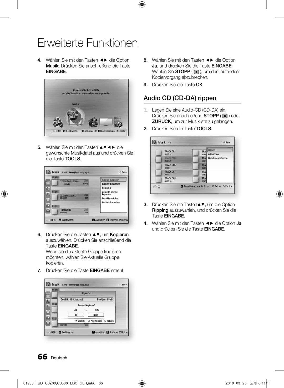 Samsung BD-C8200/EDC, BD-C8500/EDC manual Audio CD CD-DA rippen, Drücken Sie die Tasten , um Kopieren, Die Taste Tools 