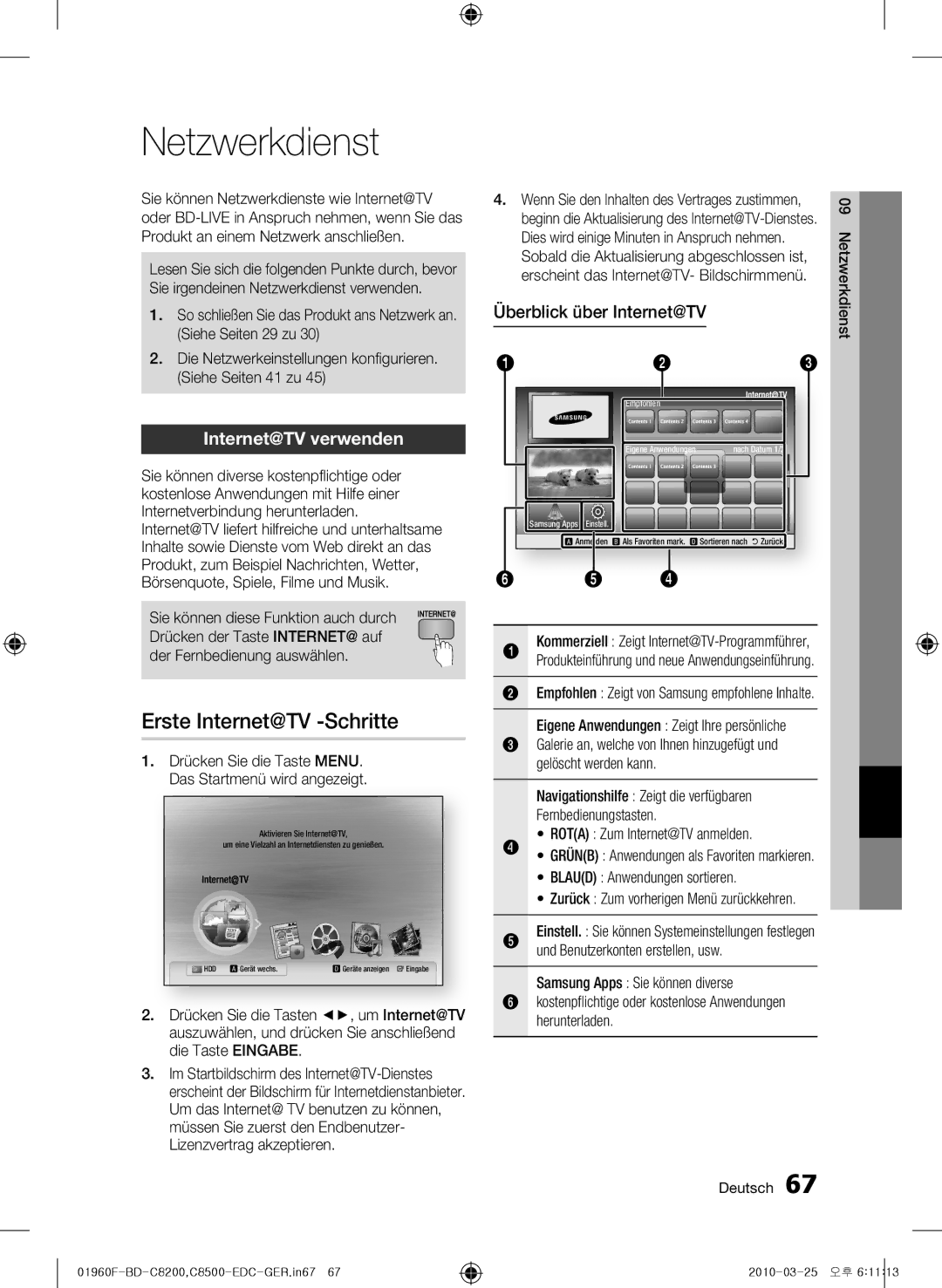 Samsung BD-C8500/EDC, BD-C8200/EDC, BD-C8200/XEN manual Netzwerkdienst, Erste Internet@TV -Schritte, Internet@TV verwenden 