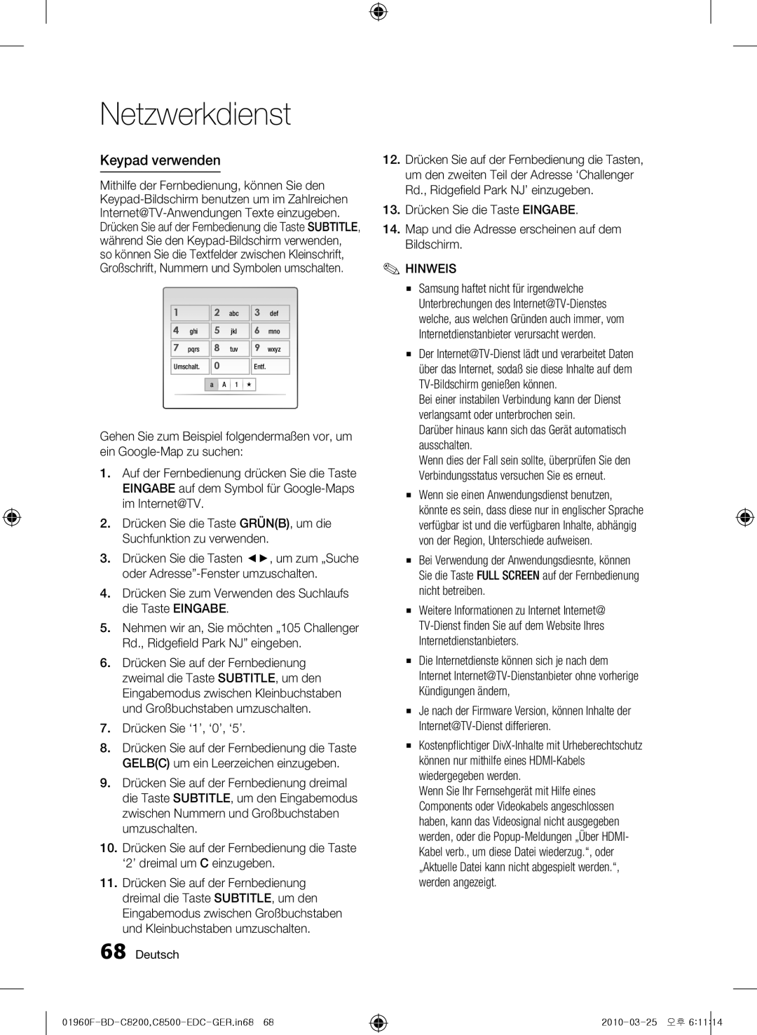 Samsung BD-C8200/XEN, BD-C8200/EDC manual Keypad verwenden, Drücken Sie zum Verwenden des Suchlaufs die Taste Eingabe 