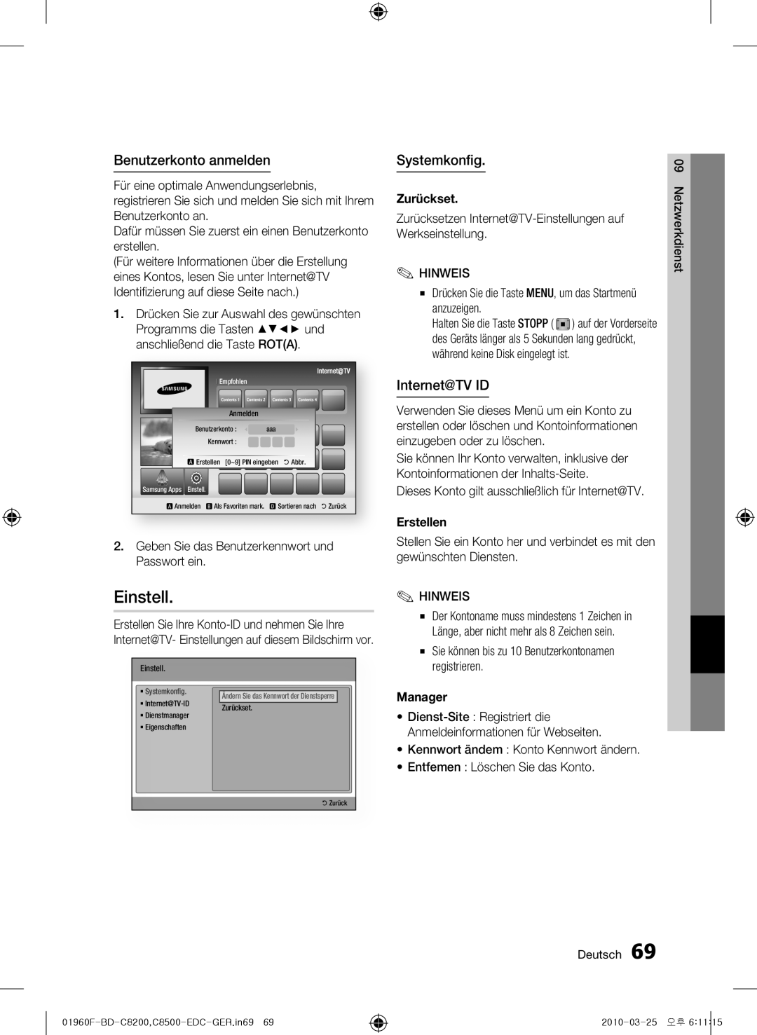 Samsung BD-C8500/XEN, BD-C8200/EDC, BD-C8500/EDC manual Einstell, Benutzerkonto anmelden, Systemkonfig, Internet@TV ID 