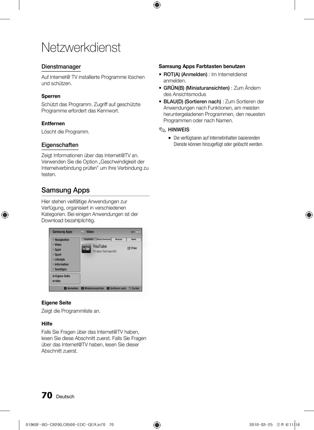 Samsung BD-C8200/XEF, BD-C8200/EDC, BD-C8500/EDC, BD-C8200/XEN, BD-C8500/XEN manual Samsung Apps, Dienstmanager, Eigenschaften 