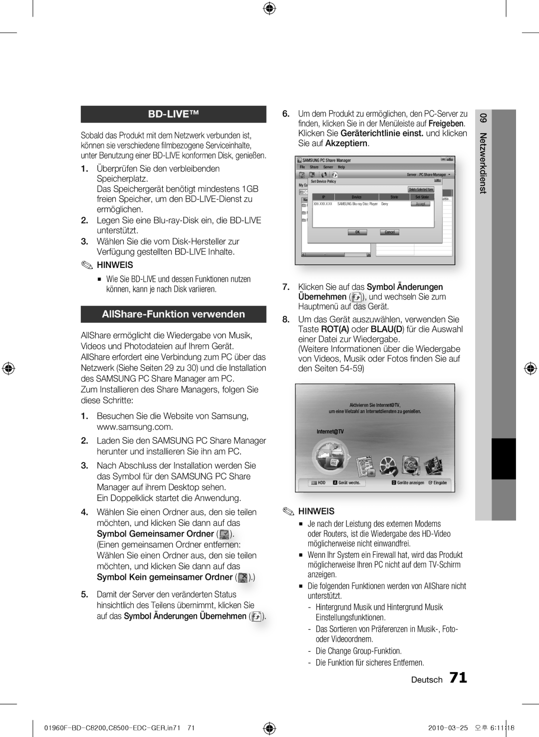 Samsung BD-C8500/XEF, BD-C8200/EDC, BD-C8500/EDC manual AllShare-Funktion verwenden, Ein Doppelklick startet die Anwendung 