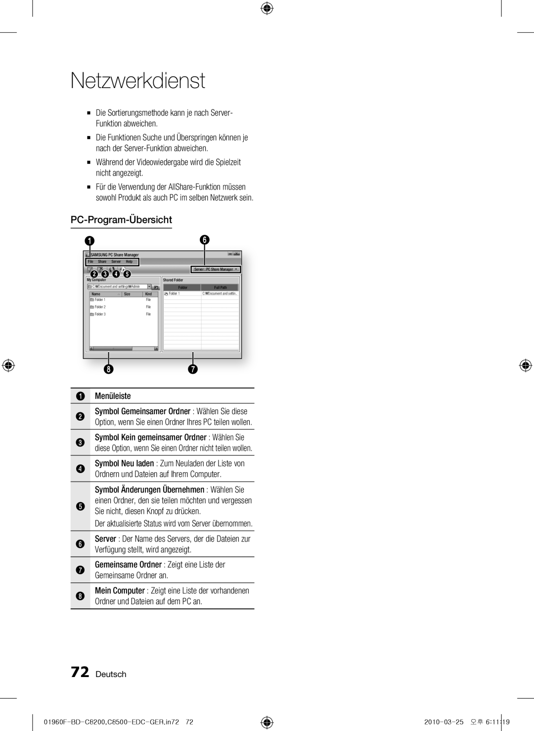 Samsung BD-C8200/EDC, BD-C8500/EDC manual PC-Program-Übersicht, Menüleiste Symbol Gemeinsamer Ordner Wählen Sie diese 