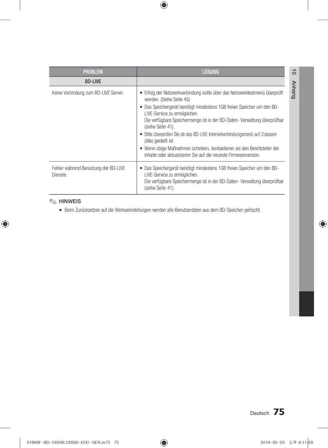 Samsung BD-C8500/XEN, BD-C8200/EDC, BD-C8500/EDC manual Werden. Siehe Seite, LIVE-Service zu ermöglichen, Alle gestellt ist 