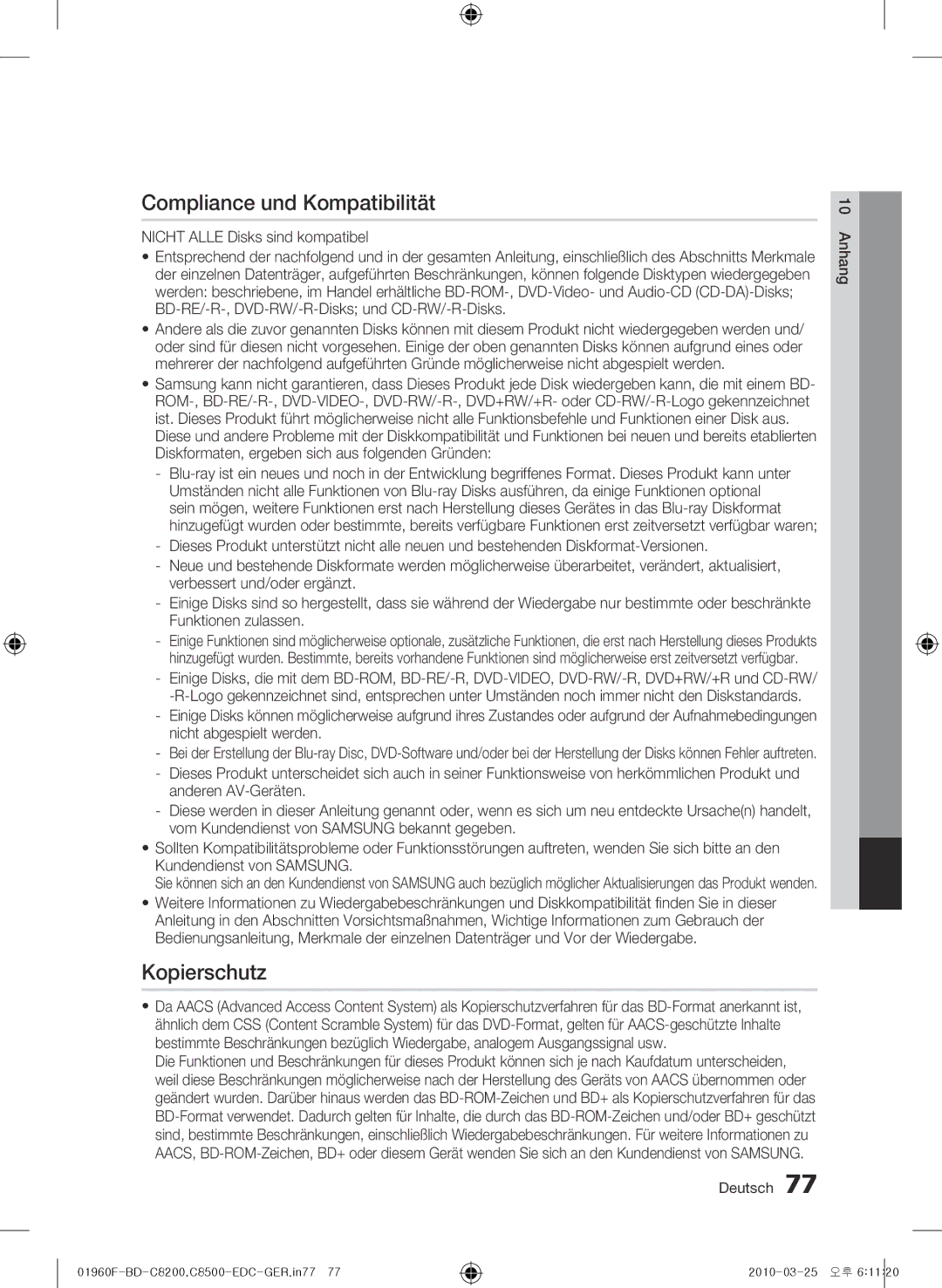 Samsung BD-C8500/XEF, BD-C8200/EDC manual Compliance und Kompatibilität, Kopierschutz, Nicht Alle Disks sind kompatibel 