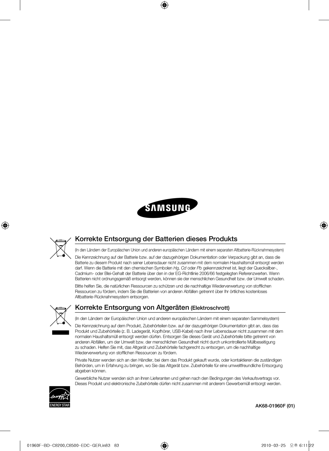 Samsung BD-C8500/XEF, BD-C8200/EDC, BD-C8500/EDC manual Korrekte Entsorgung der Batterien dieses Produkts, AK68-01960F 