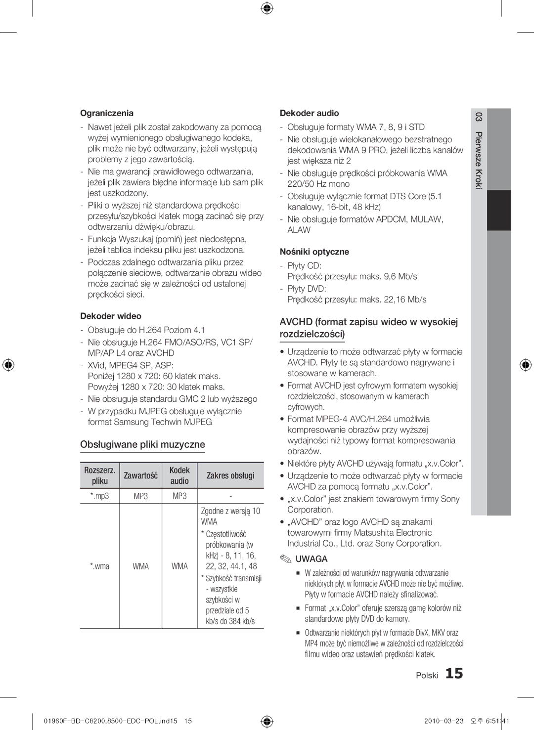 Samsung BD-C8200/XEN, BD-C8200/EDC manual Obsługiwane pliki muzyczne, Avchd format zapisu wideo w wysokiej rozdzielczości 