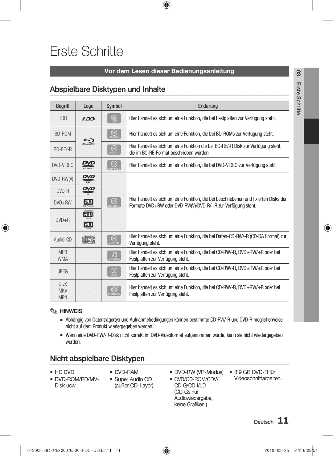 Samsung BD-C8500/XEF, BD-C8200/EDC manual Erste Schritte, Abspielbare Disktypen und Inhalte, Nicht abspielbare Disktypen 