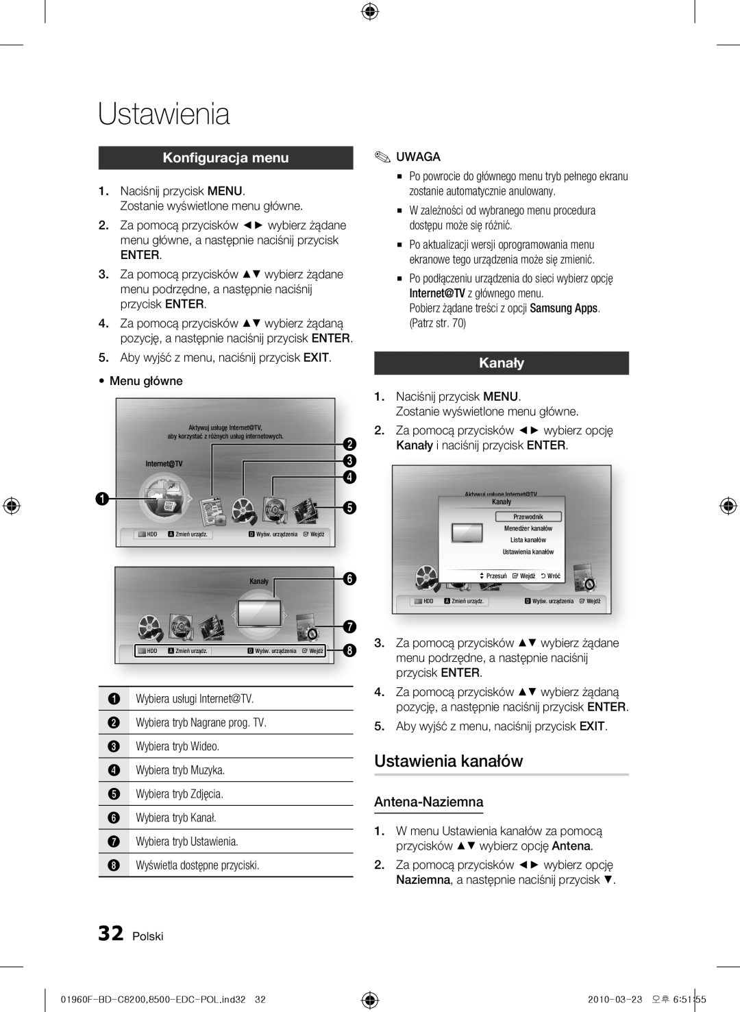 Samsung BD-C8500/EDC, BD-C8200/EDC, BD-C8200/XEN manual Ustawienia kanałów, Konfiguracja menu, Kanały, Antena-Naziemna 