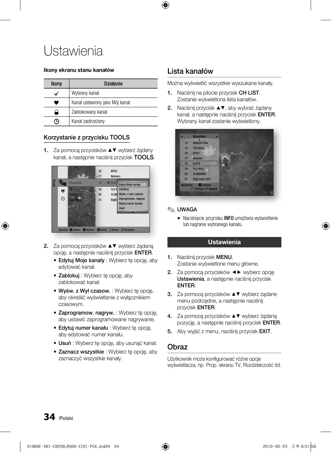 Samsung BD-C8500/XEN, BD-C8200/EDC, BD-C8500/EDC manual Lista kanałów, Obraz, Korzystanie z przycisku TOOLS, Ustawienia 