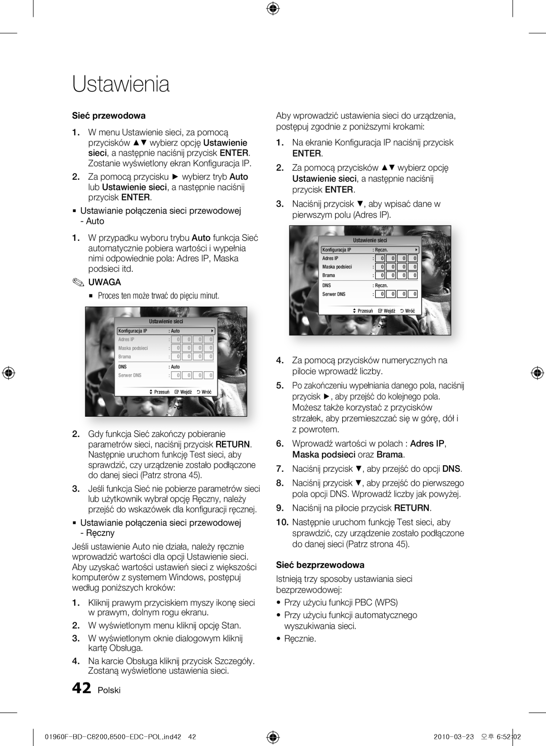 Samsung BD-C8500/XEF manual Ustawienia, Sieć przewodowa, Sieć bezprzewodowa, Proces ten może trwać do pięciu minut, Polski 