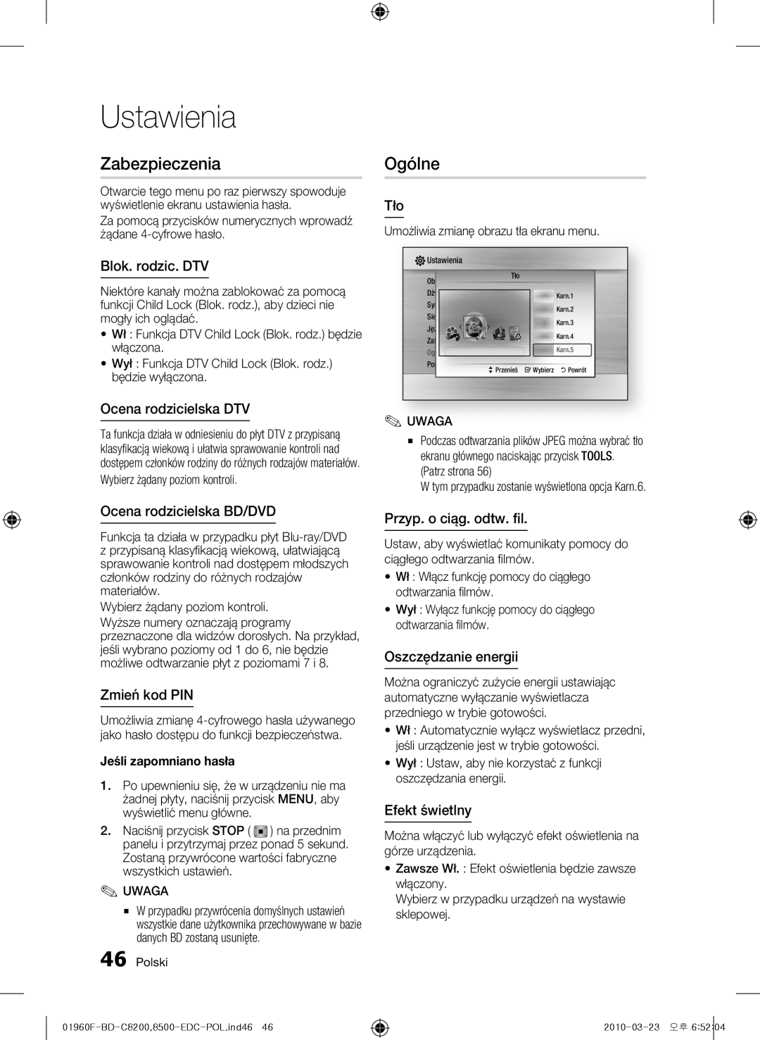 Samsung BD-C8500/XEN manual Zabezpieczenia, Ogólne, Blok. rodzic. DTV, Ocena rodzicielska DTV, Ocena rodzicielska BD/DVD 