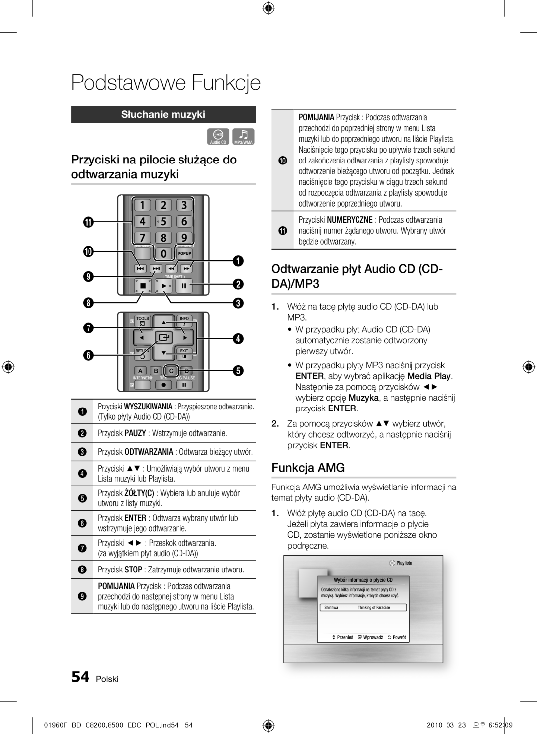 Samsung BD-C8500/XEF Przyciski na pilocie służące do odtwarzania muzyki, Odtwarzanie płyt Audio CD CD- DA/MP3, Funkcja AMG 