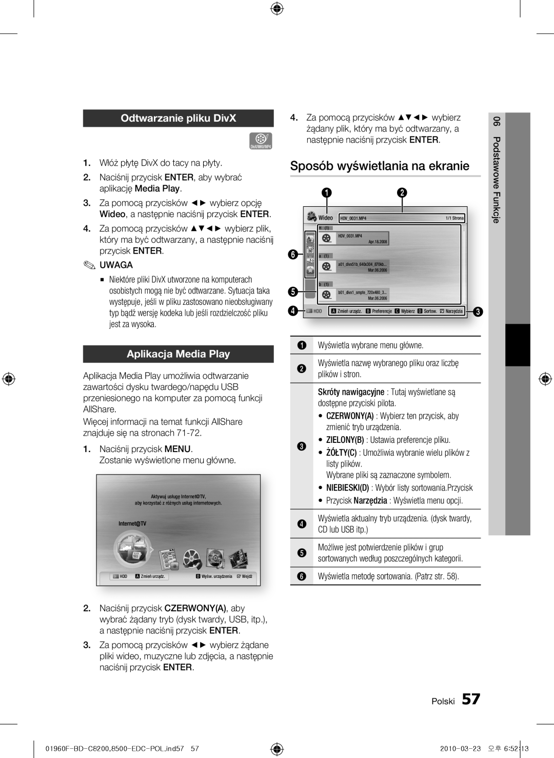 Samsung BD-C8200/XEN, BD-C8200/EDC manual Sposób wyświetlania na ekranie, Odtwarzanie pliku DivX, Aplikacja Media Play 