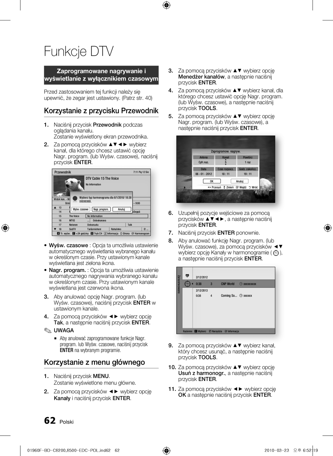 Samsung BD-C8500/EDC, BD-C8200/EDC manual Korzystanie z przycisku Przewodnik, Korzystanie z menu głównego, Funkcje DTV 