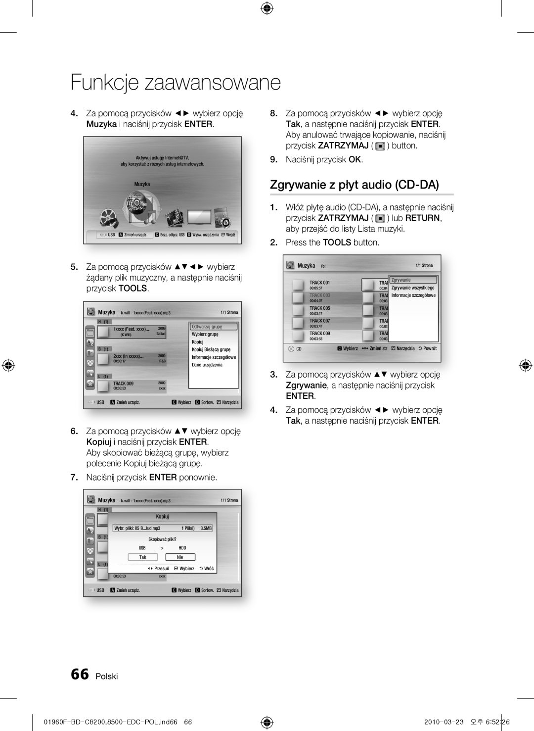 Samsung BD-C8500/XEF manual Zgrywanie z płyt audio CD-DA, Funkcje zaawansowane, Za pomocą przycisków wybierz opcję, Polski 