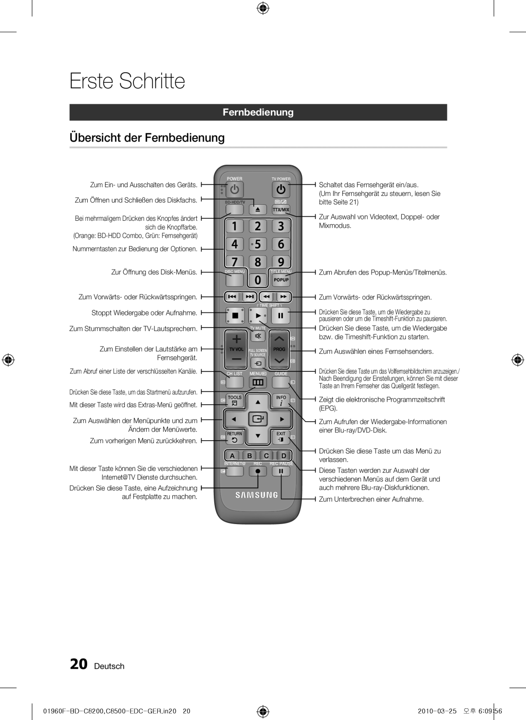 Samsung BD-C8200/XEN, BD-C8200/EDC, BD-C8500/EDC, BD-C8500/XEN manual Übersicht der Fernbedienung, Erste Schritte, Deutsch 