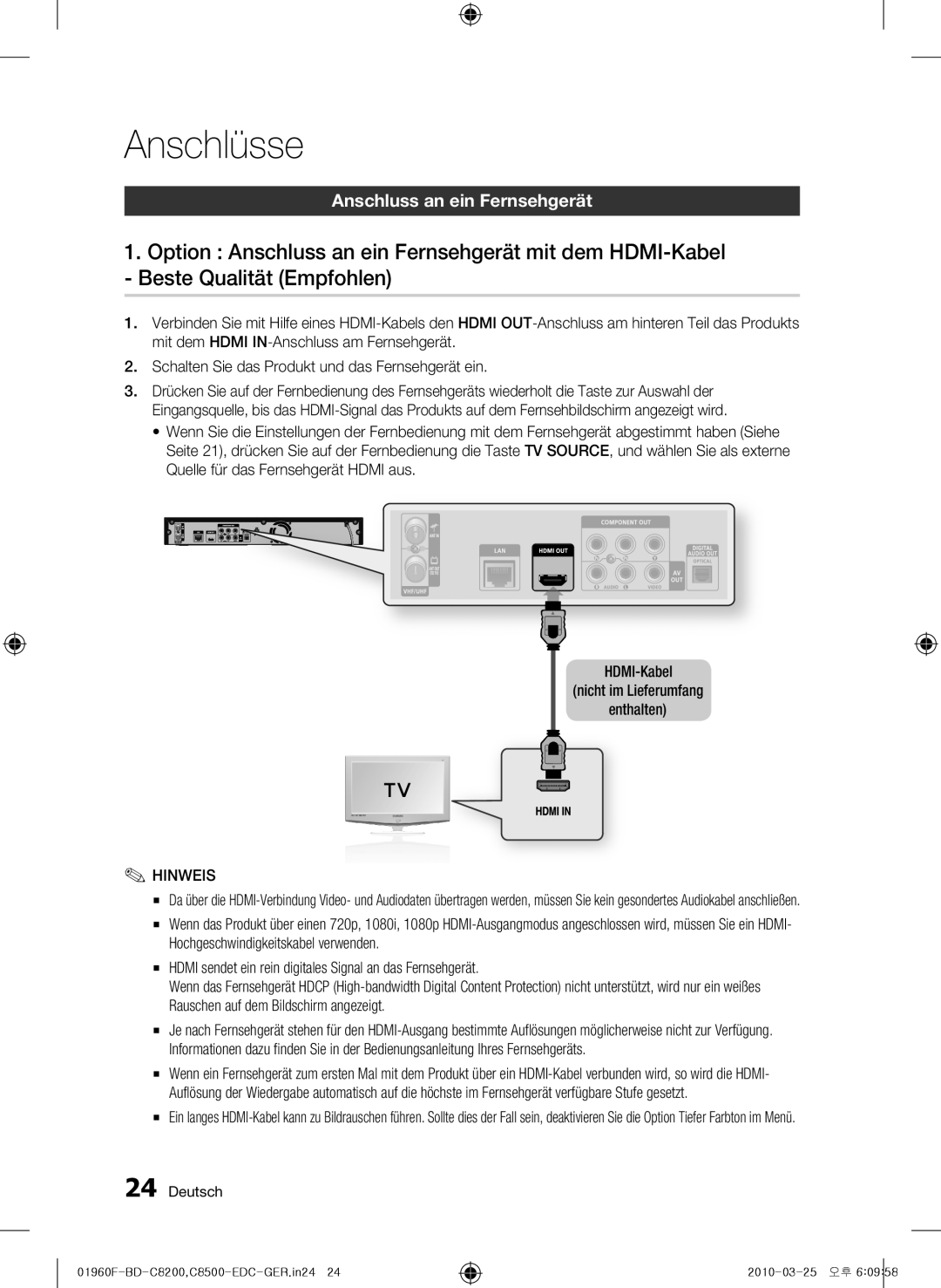 Samsung BD-C8200/EDC, BD-C8500/EDC, BD-C8200/XEN, BD-C8500/XEN, BD-C8200/XEF manual Anschluss an ein Fernsehgerät, Anschlüsse 
