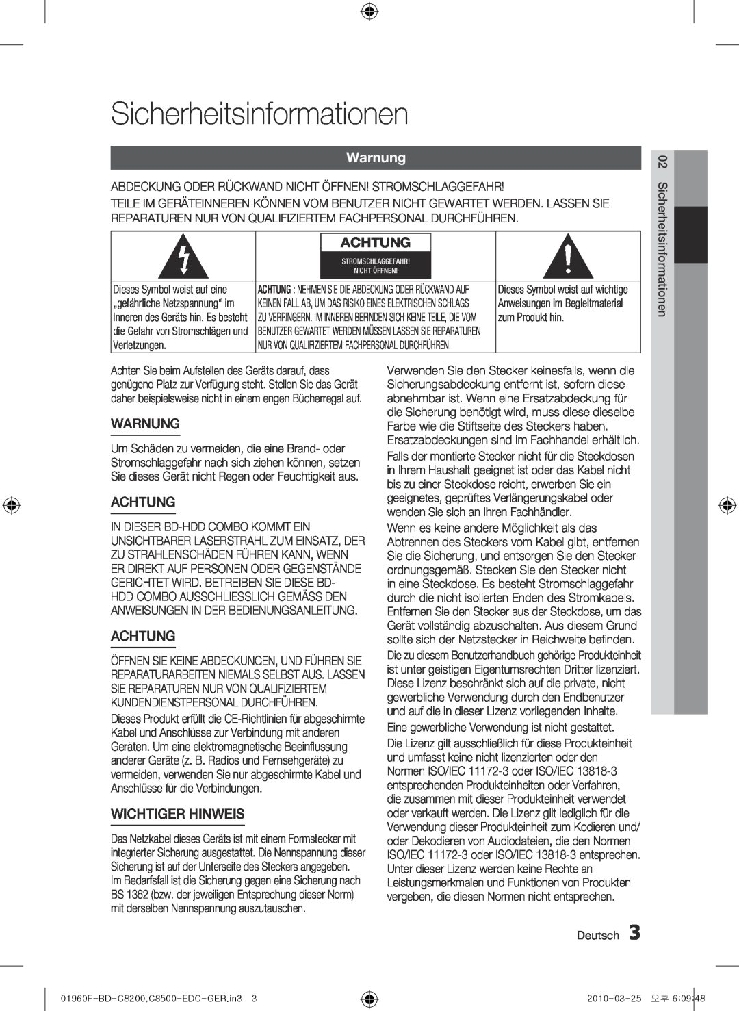 Samsung BD-C8500/XEN manual Sicherheitsinformationen, Warnung, Achtung, Wichtiger Hinweis, zum Produkt hin, Verletzungen 