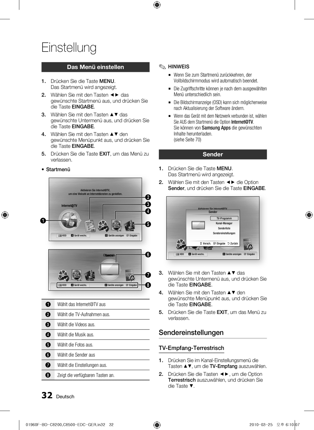 Samsung BD-C8200/XEN, BD-C8200/EDC manual Sendereinstellungen, Das Menü einstellen, TV-Empfang-Terrestrisch, Einstellung 