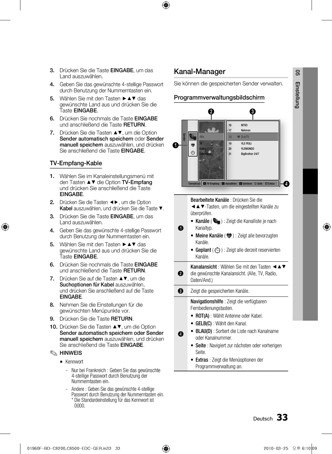 Samsung BD-C8500/XEN, BD-C8200/EDC, BD-C8500/EDC manual Kanal-Manager, Programmverwaltungsbildschirm, TV-Empfang-Kable 