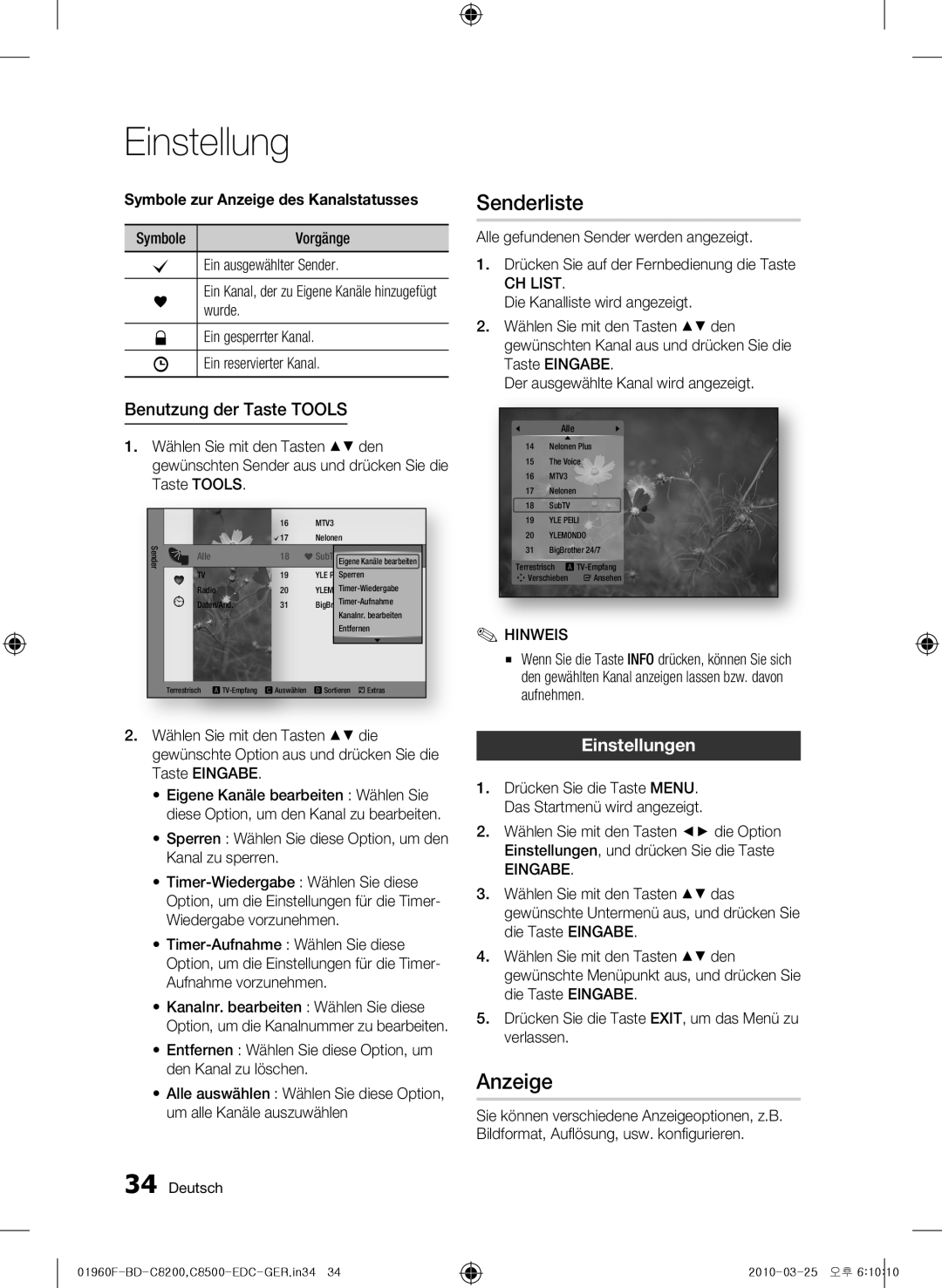 Samsung BD-C8200/XEF, BD-C8200/EDC manual Benutzung der Taste TOOLS, Einstellung, Symbole zur Anzeige des Kanalstatusses 
