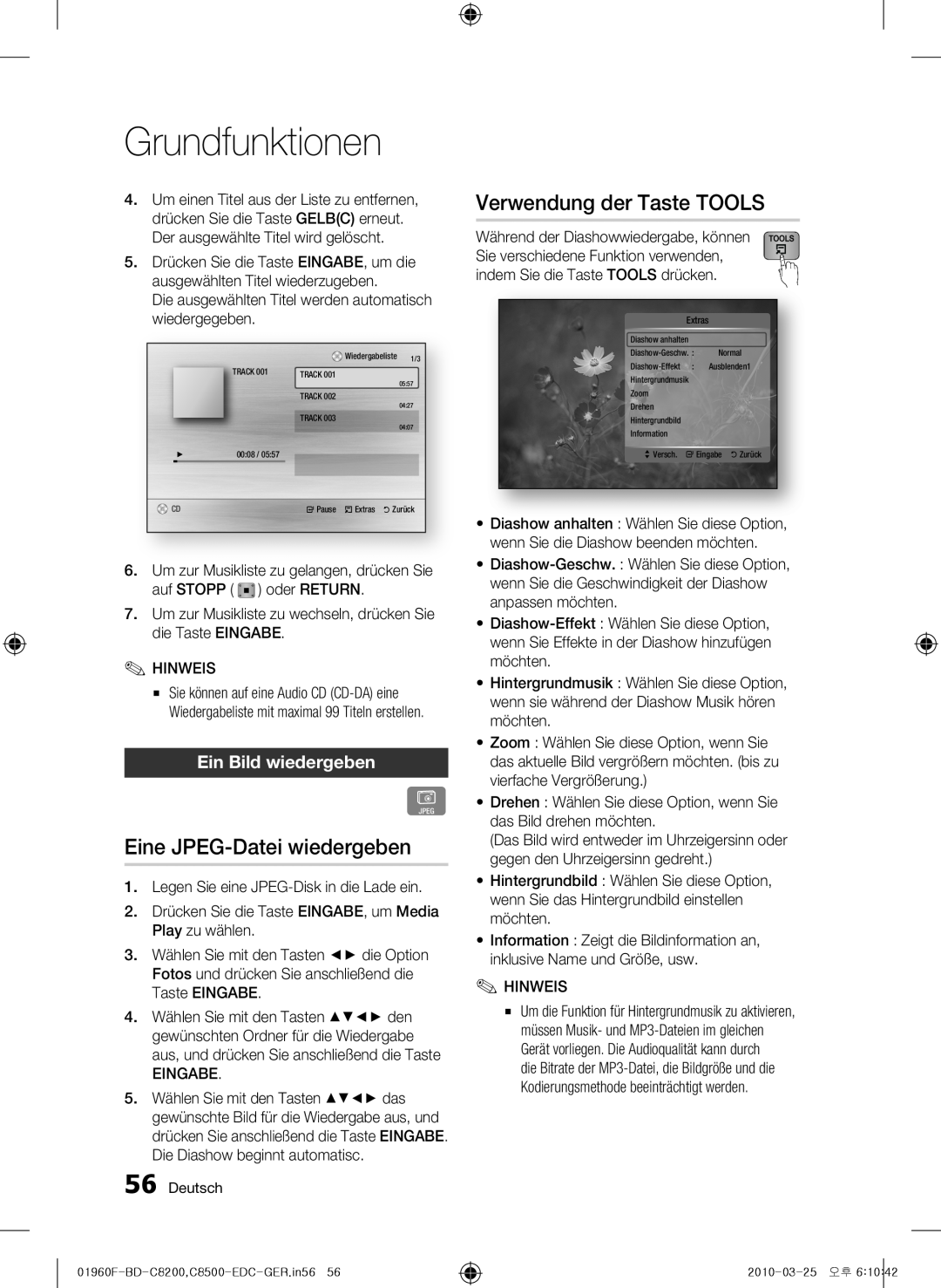 Samsung BD-C8200/XEN manual Eine JPEG-Datei wiedergeben, Verwendung der Taste TOOLS, Ein Bild wiedergeben, Grundfunktionen 