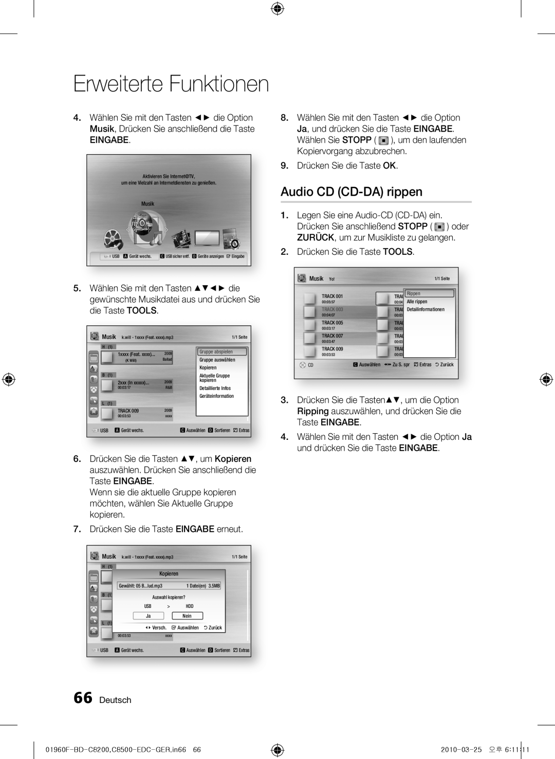 Samsung BD-C8200/EDC, BD-C8500/EDC, BD-C8200/XEN, BD-C8500/XEN manual Audio CD CD-DA rippen, Erweiterte Funktionen, Deutsch 