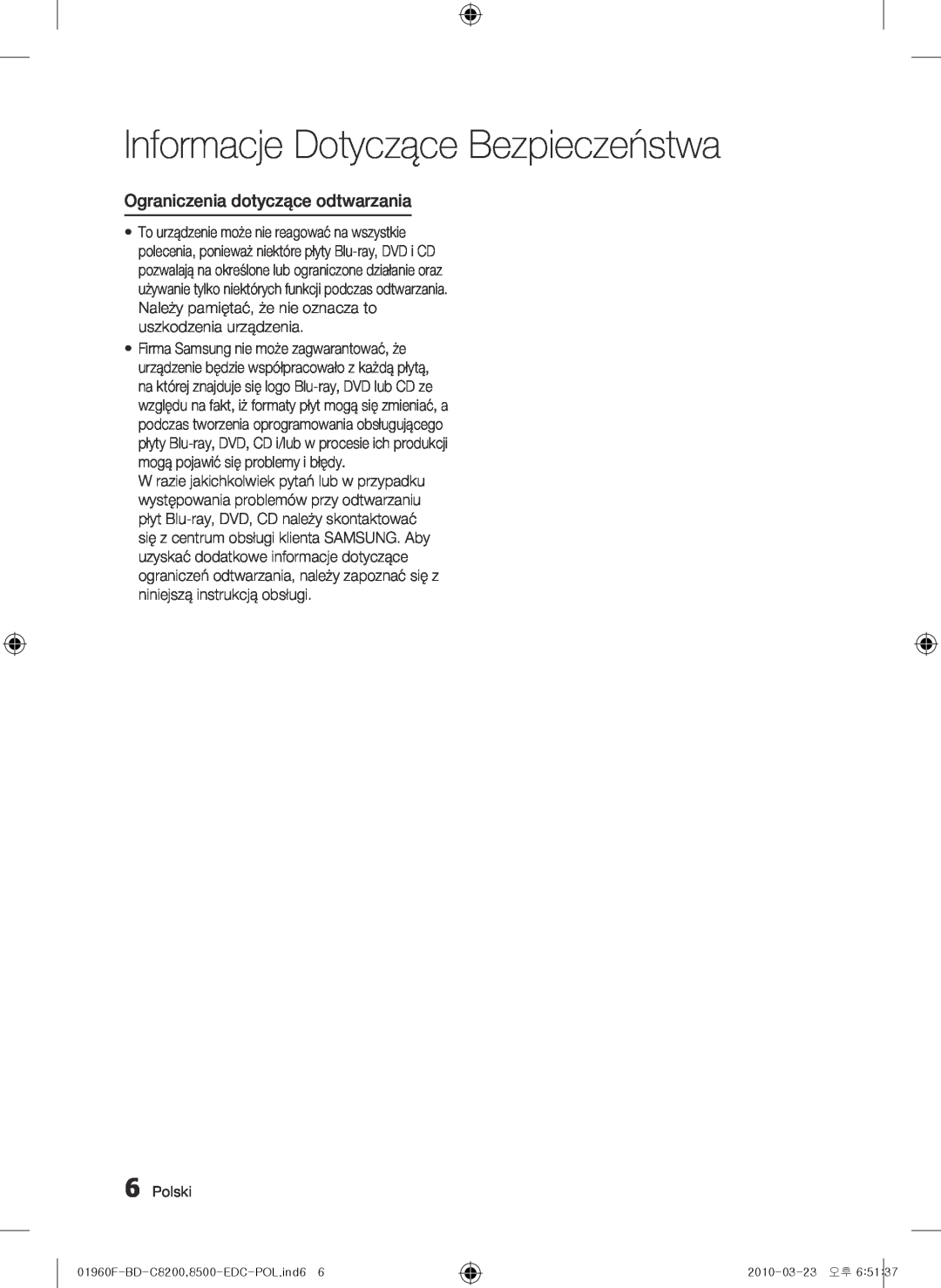 Samsung BD-C8500/XEF, BD-C8200/EDC manual Ograniczenia dotyczące odtwarzania, Informacje Dotyczące Bezpieczeństwa,  Polski 