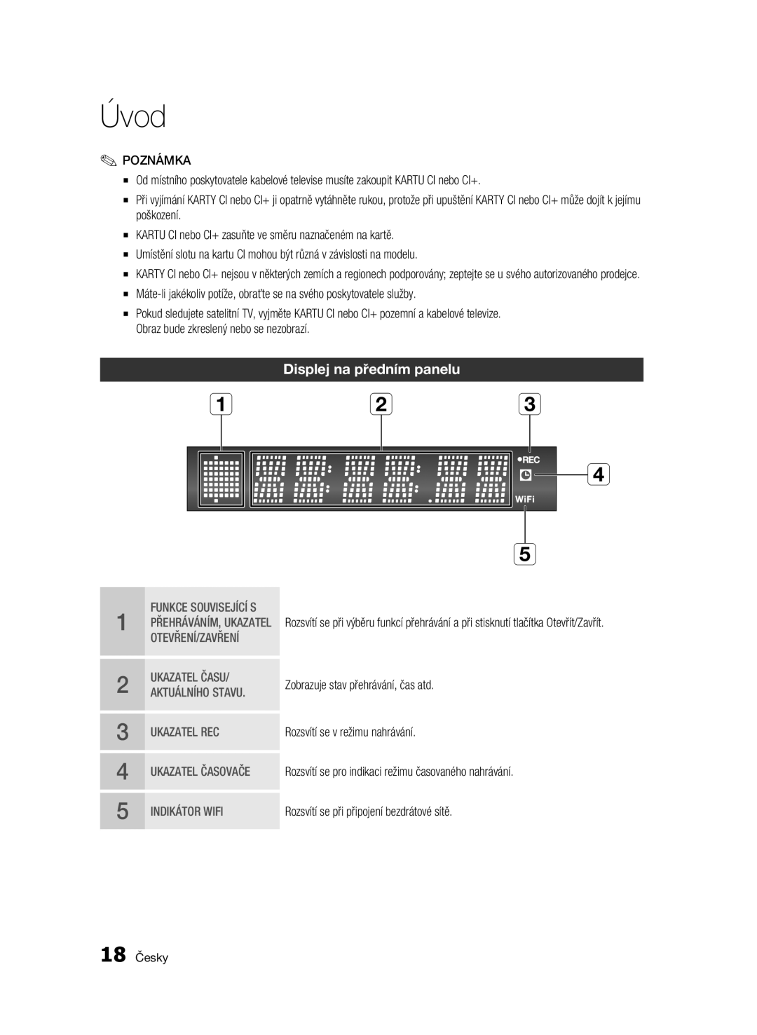 Samsung BD-C8200/EDC, BD-C8500/EDC manual Displej na předním panelu, 18 Česky 