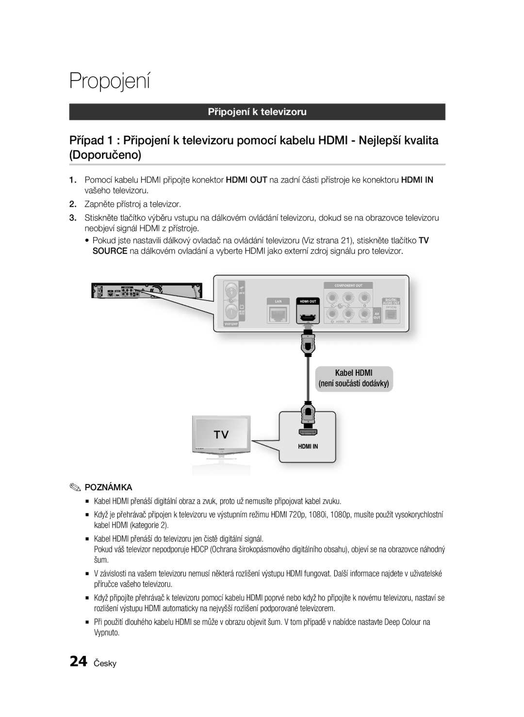 Samsung BD-C8200/EDC, BD-C8500/EDC manual Připojení k televizoru, Kabel Hdmi Není součástí dodávky, 24 Česky 