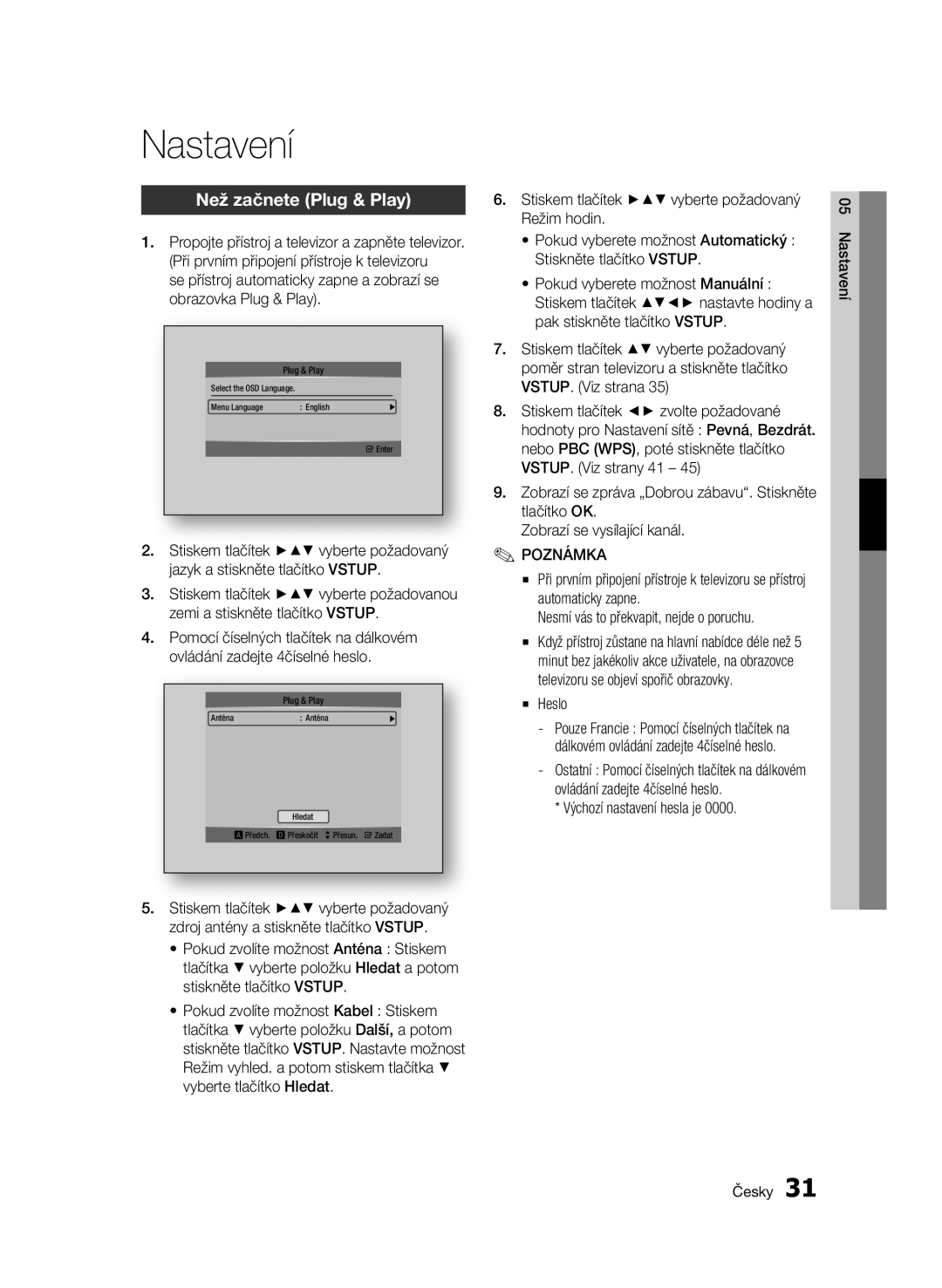 Samsung BD-C8500/EDC manual Nastavení, Než začnete Plug & Play, Stiskem tlačítek vyberte požadovaný Režim hodin, Heslo 