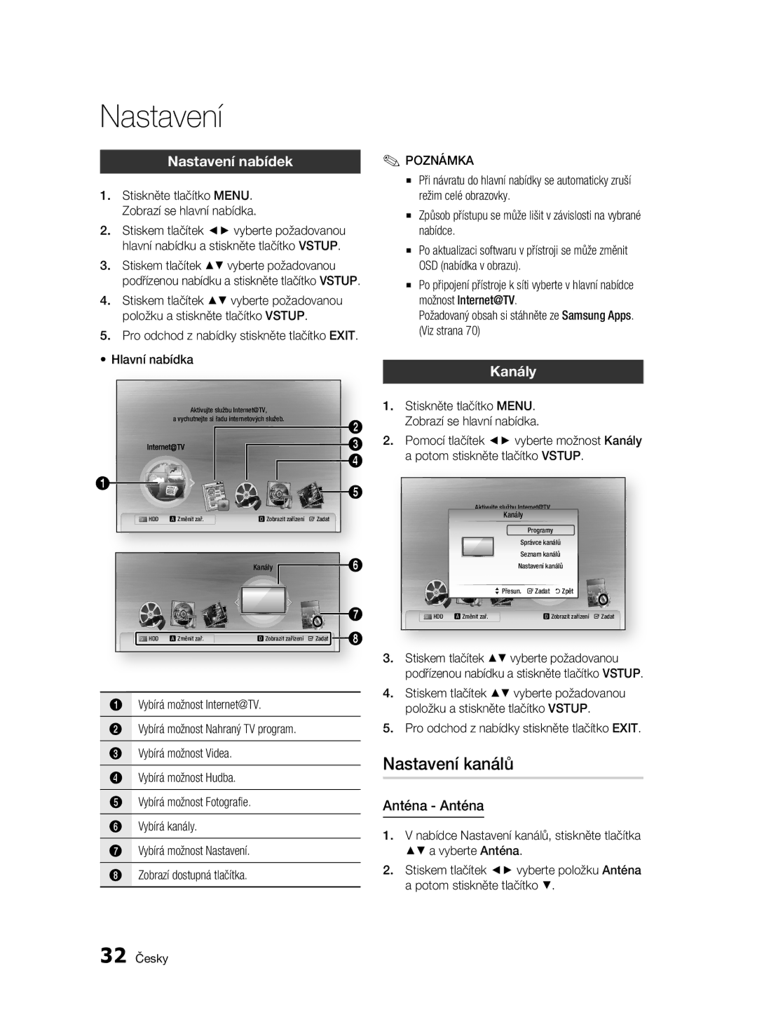 Samsung BD-C8200/EDC, BD-C8500/EDC manual Nastavení kanálů, Nastavení nabídek, Kanály, Anténa Anténa, Vstup 