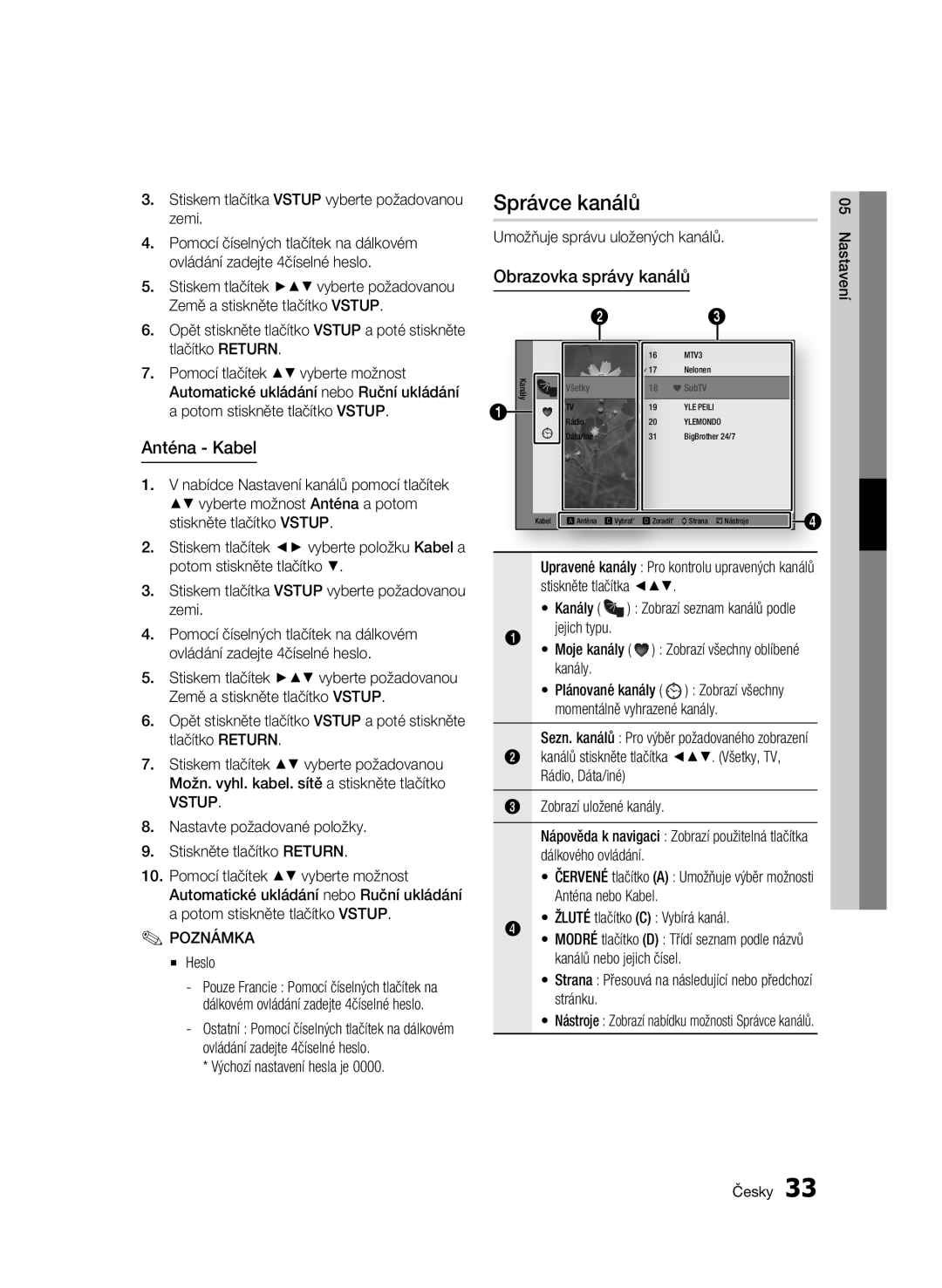 Samsung BD-C8500/EDC, BD-C8200/EDC manual Správce kanálů, Anténa Kabel, Obrazovka správy kanálů 