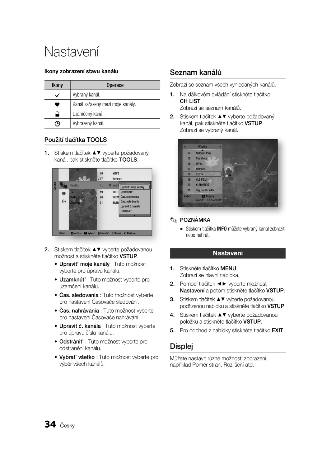 Samsung BD-C8200/EDC, BD-C8500/EDC manual Displej, Použití tlačítka Tools, Ikony zobrazení stavu kanálu 