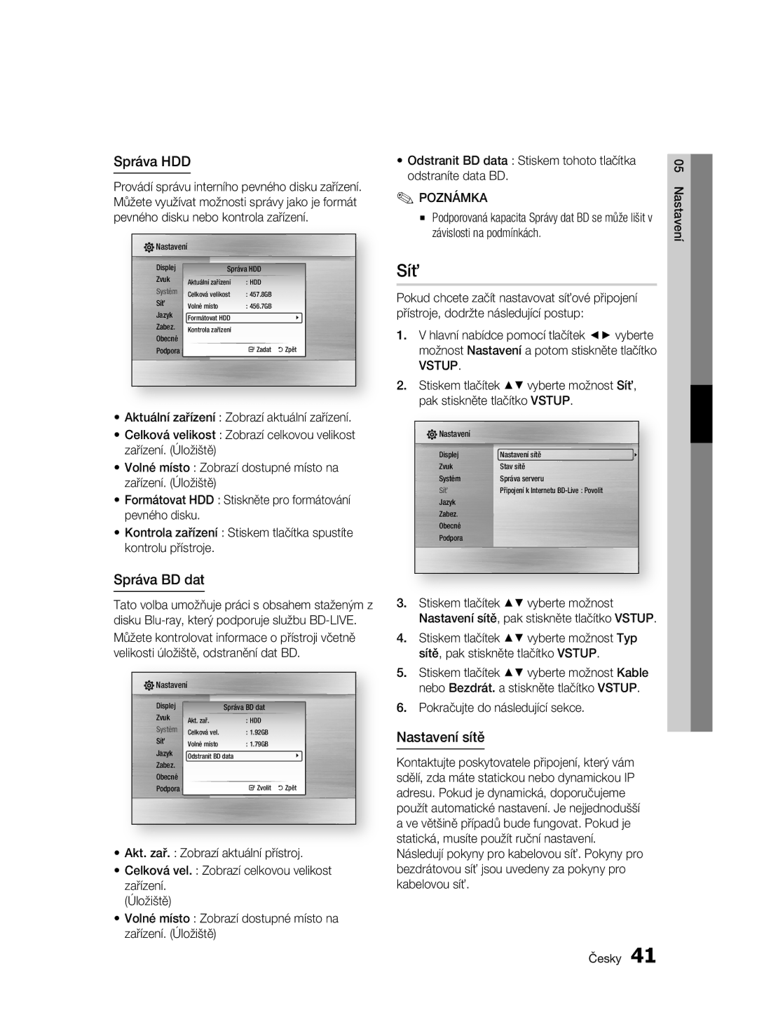 Samsung BD-C8500/EDC, BD-C8200/EDC manual Síť, Správa HDD, Správa BD dat, Nastavení sítě, Pokračujte do následující sekce 