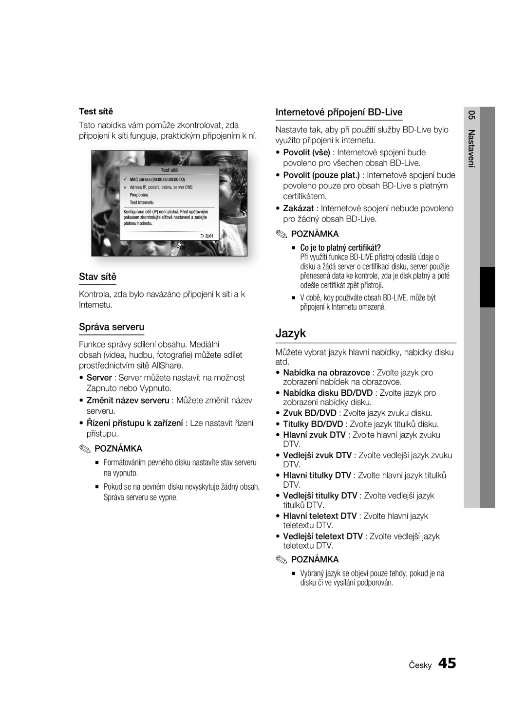 Samsung BD-C8500/EDC, BD-C8200/EDC manual Jazyk, Stav sítě, Správa serveru, Internetové přípojení BD-Live, Test sítě 