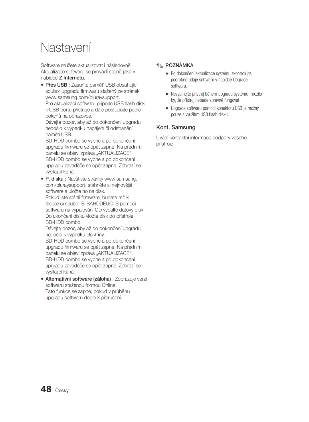 Samsung BD-C8200/EDC, BD-C8500/EDC manual Kont. Samsung, Uvádí kontaktní informace podpory vašeho přístroje, 48 Česky 