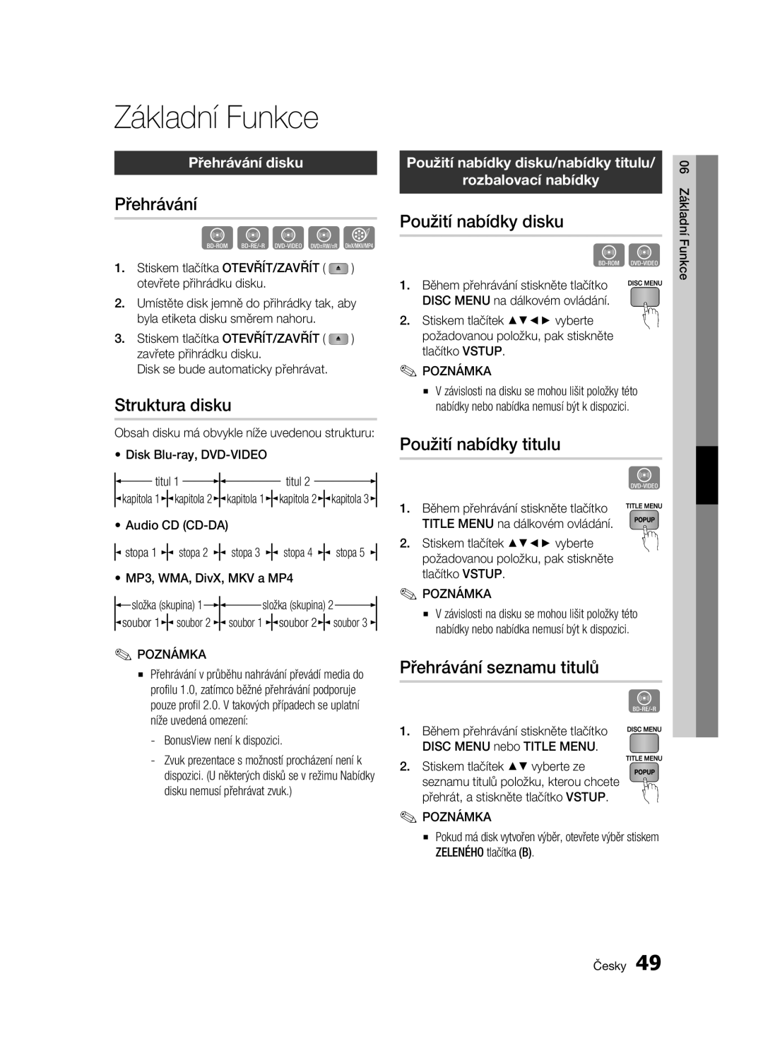 Samsung BD-C8500/EDC, BD-C8200/EDC manual Základní Funkce 