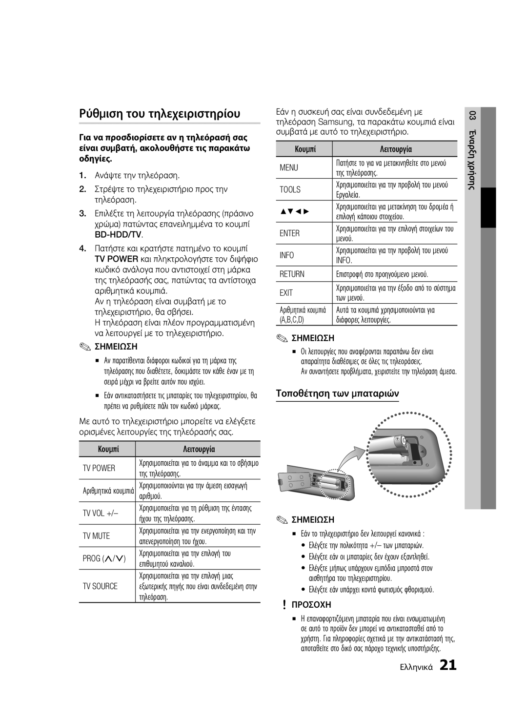 Samsung BD-C8500/EDC, BD-C8200/EDC manual Ρύθμιση του τηλεχειριστηρίου, Τοποθέτηση των μπαταριών 