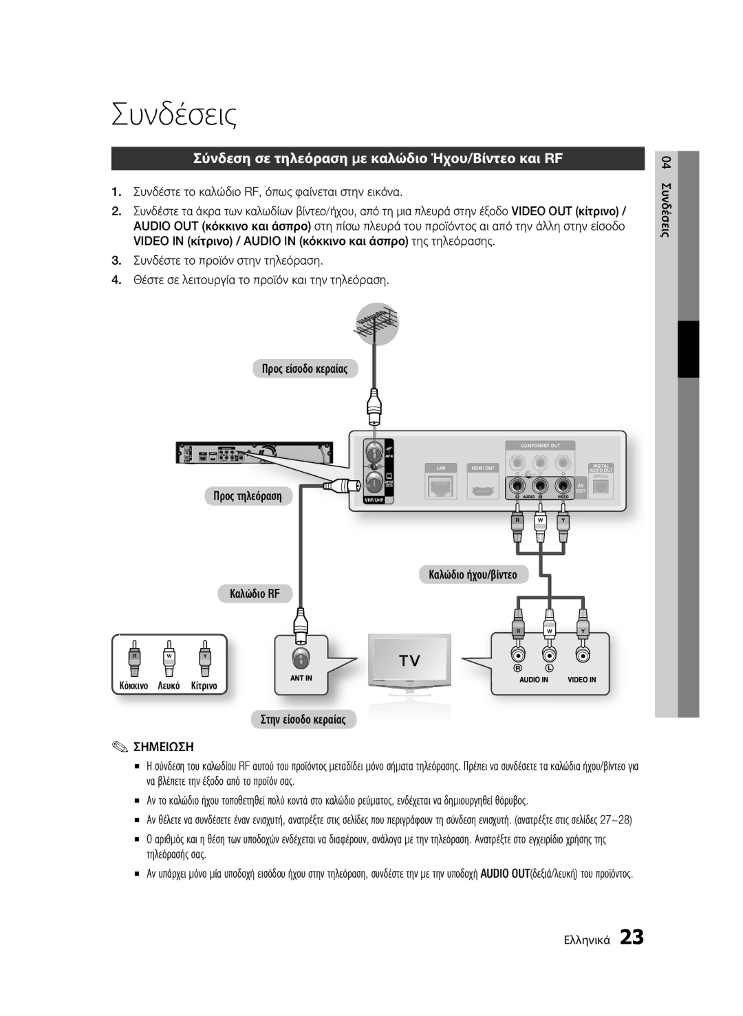 Samsung BD-C8500/EDC manual Συνδέσεις, Σύνδεση σε τηλεόραση με καλώδιο Ήχου/Βίντεο και RF, Καλώδιο ήχου/βίντεο Καλώδιο RF 