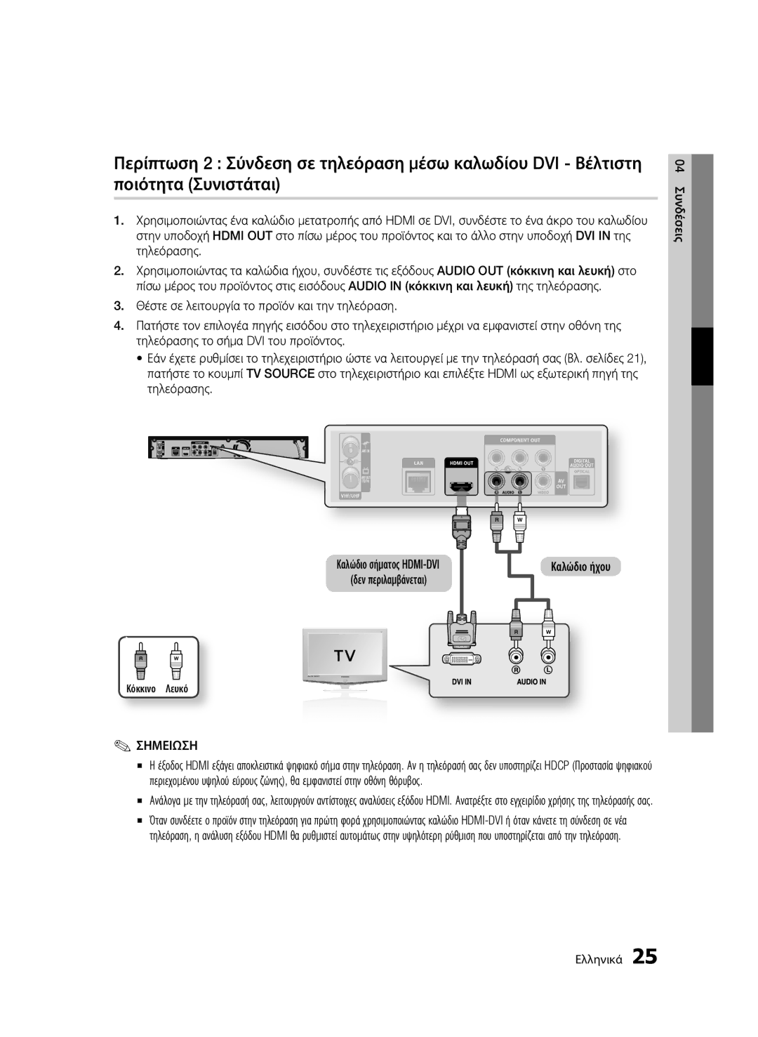 Samsung BD-C8500/EDC, BD-C8200/EDC manual Καλώδιο ήχου, Καλώδιο σήματος HDMI-DVI δεν περιλαμβάνεται 