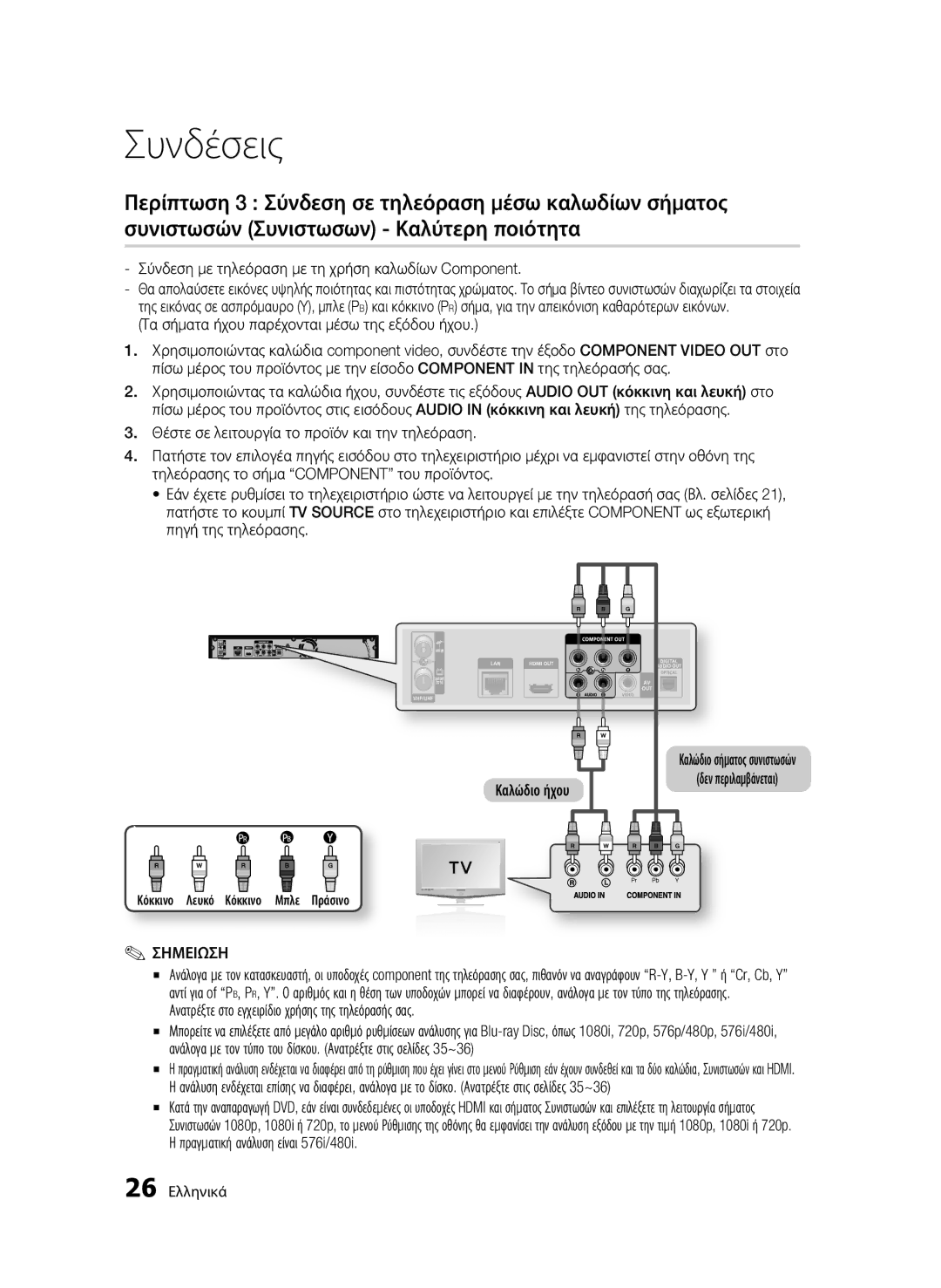 Samsung BD-C8200/EDC Σύνδεση με τηλεόραση με τη χρήση καλωδίων Component, Πραγματική ανάλυση είναι 576i/480i, 26 Ελληνικά 