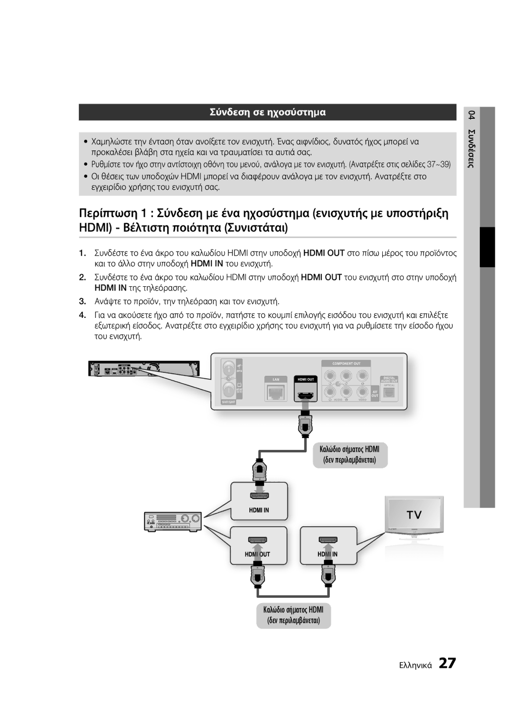 Samsung BD-C8500/EDC, BD-C8200/EDC Σύνδεση σε ηχοσύστημα, 04 Συνδέσεις Ελληνικά, Καλώδιο σήματος Hdmi δεν περιλαμβάνεται 