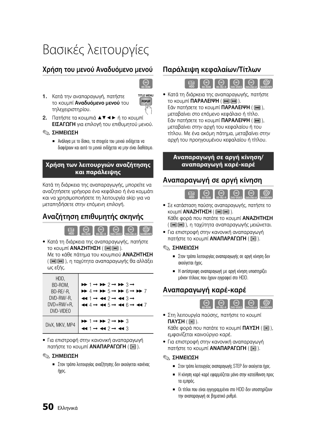 Samsung BD-C8200/EDC manual Χρήση του μενού Αναδυόμενο μενού, Αναζήτηση επιθυμητής σκηνής, Παράλειψη κεφαλαίων/Τίτλων 