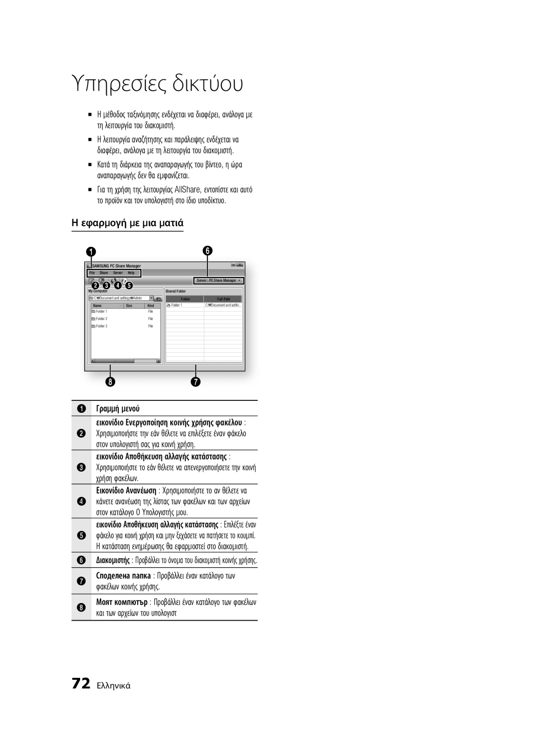 Samsung BD-C8200/EDC, BD-C8500/EDC manual Εφαρμογή με μια ματιά, Γραμμή μενού Εικονίδιο Ενεργοποίηση κοινής χρήσης φακέλου 